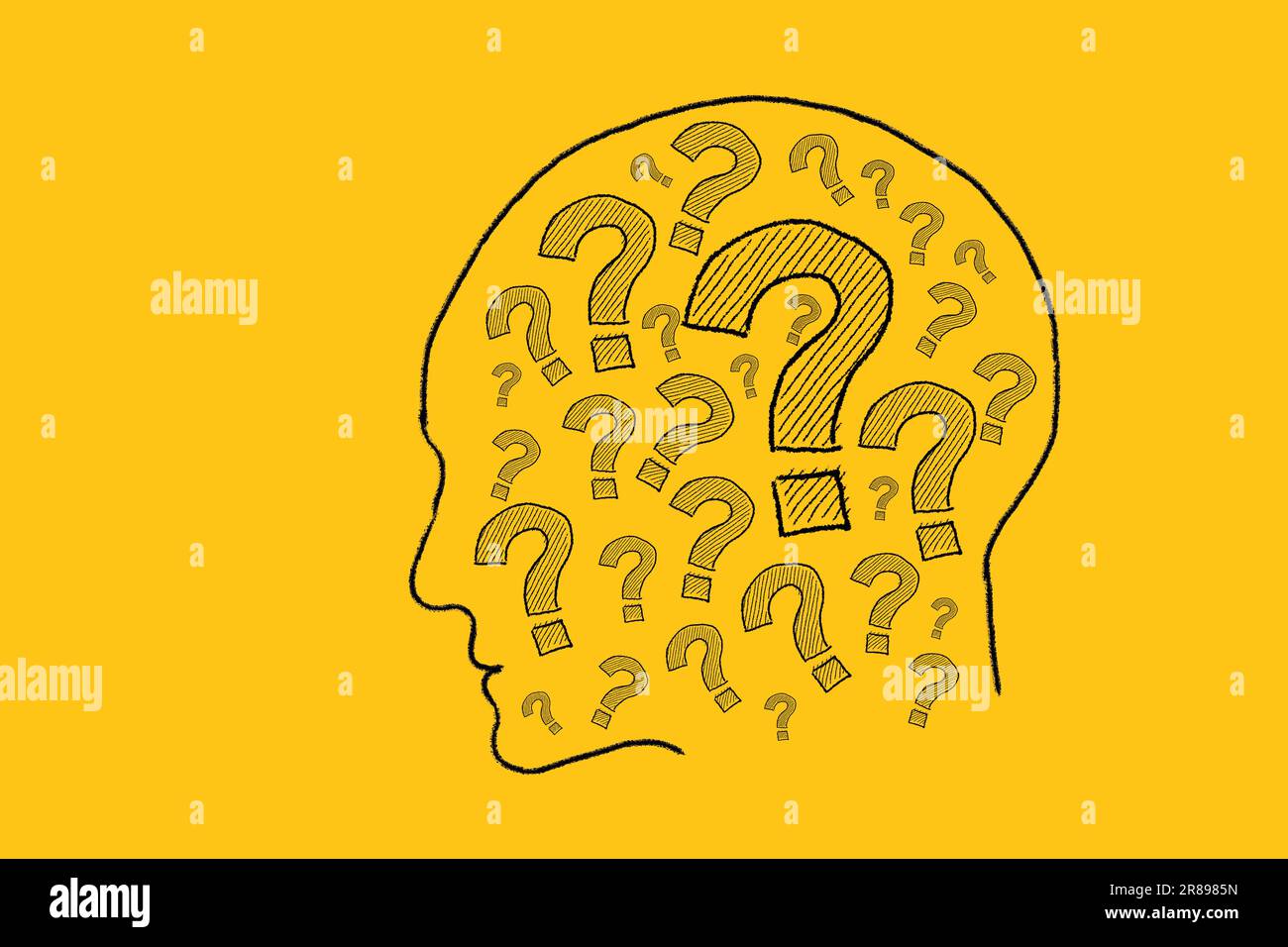 A hand-drawn illustration on a yellow background featuring a human head filled with question marks. Stock Photo