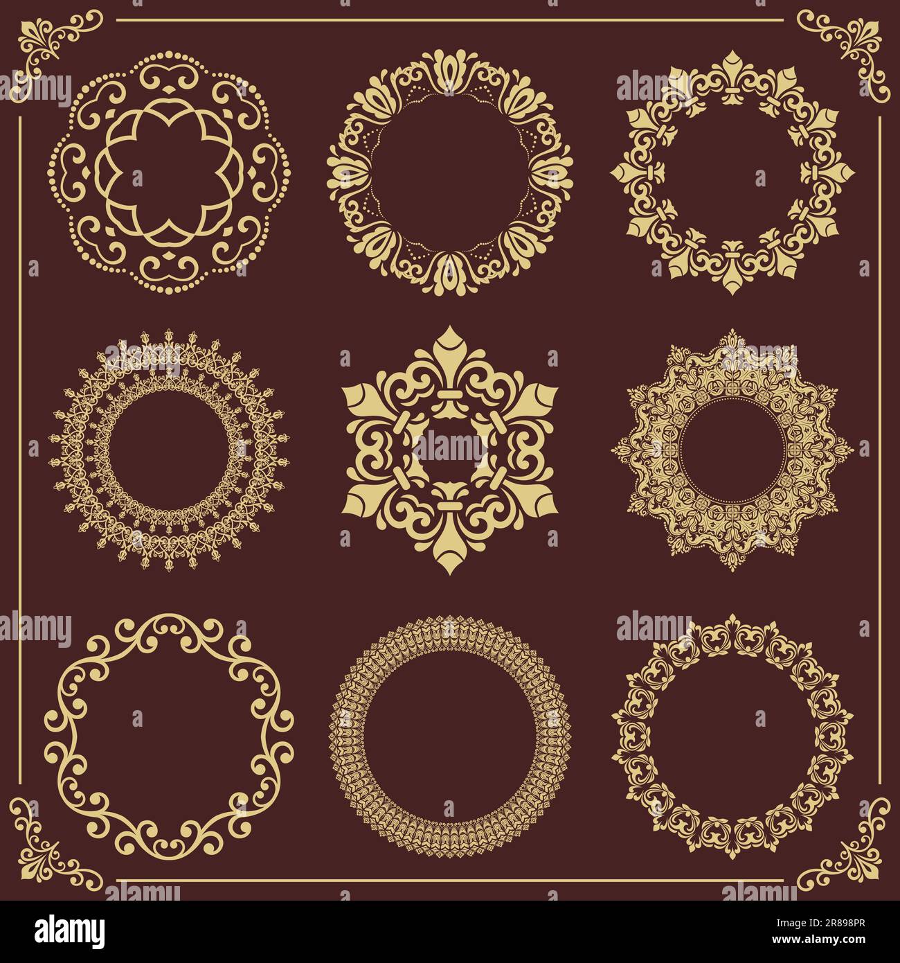 Vintage set of vector round elements. Brown and golden elements for ...