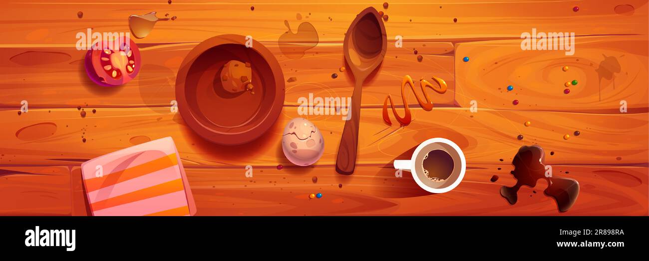 Messy kitchen cook table top view vector cartoon illustration. Dirty tabletop with sauce splatter, cooking items on wood surface. Unclean disaster on desk after home dinner beginner preparation Stock Vector