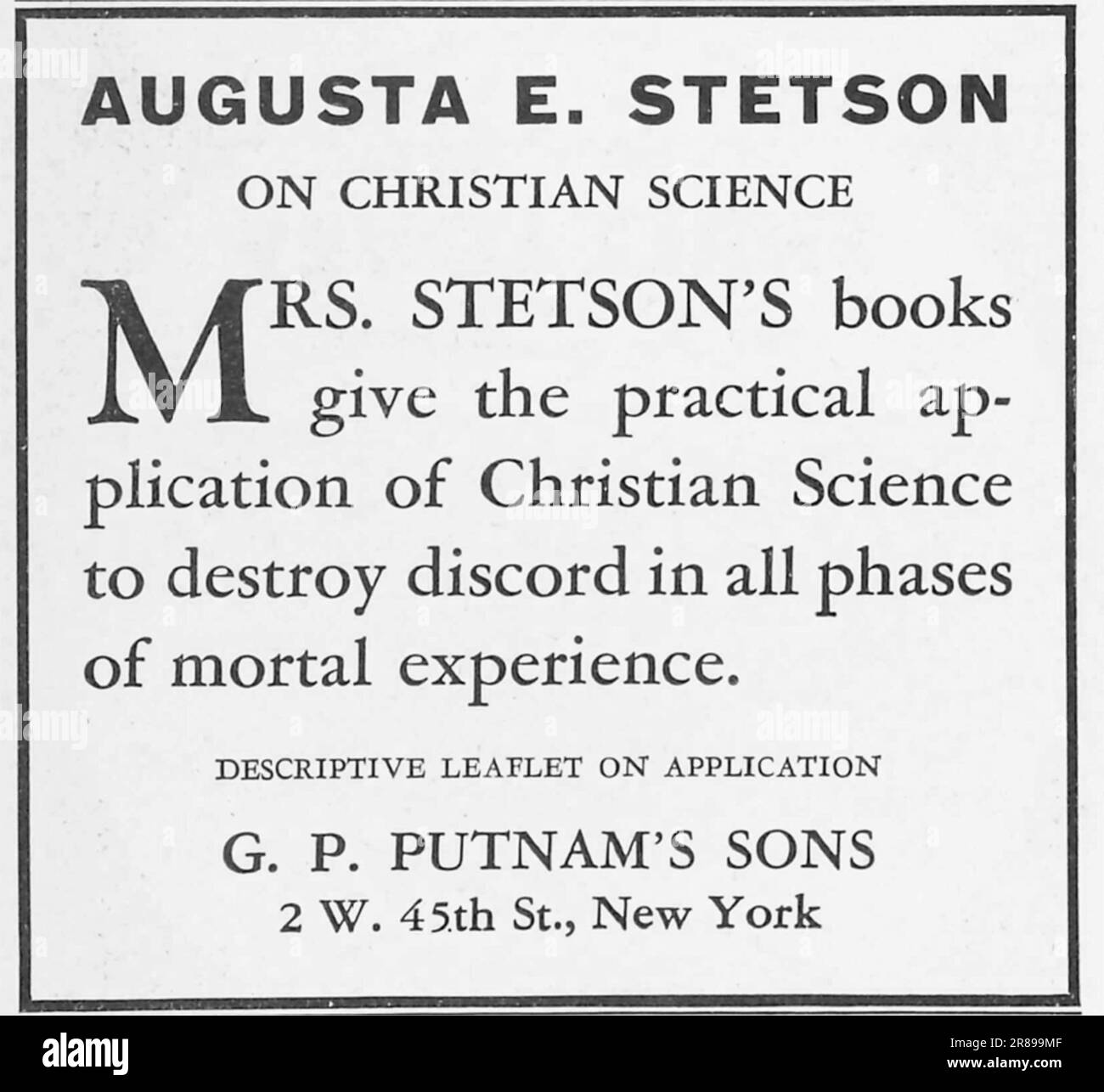 Augusta Stetson on Christian Science books advert promising to destroy