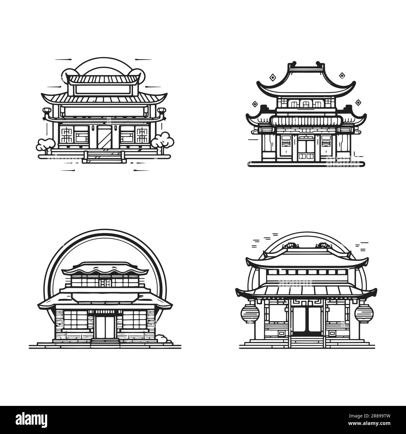 Hand Drawn vintage Chinese or Japanese restaurant in flat line art style isolated on background Stock Vector
