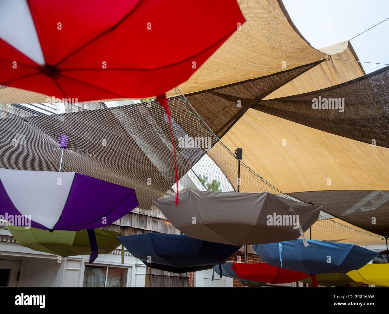 Upside down umbrellas outside a restaurant in the resort town of