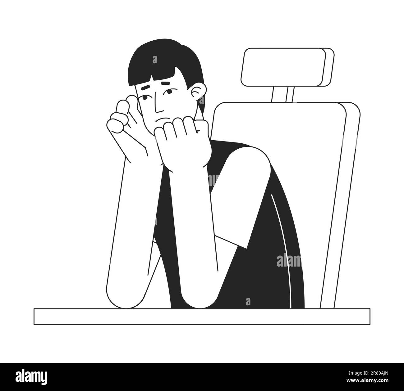 Young sad man at desk flat line black white vector character Stock