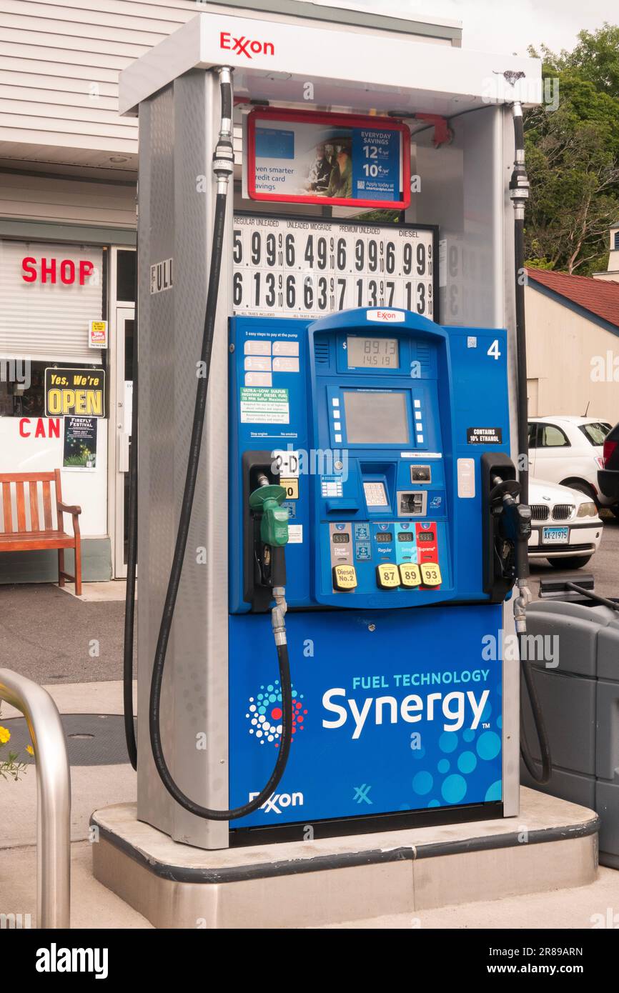 An Exxon gas station with very high prices, about $2 more than other area stations. June 2023, Katonah, New York. Stock Photo
