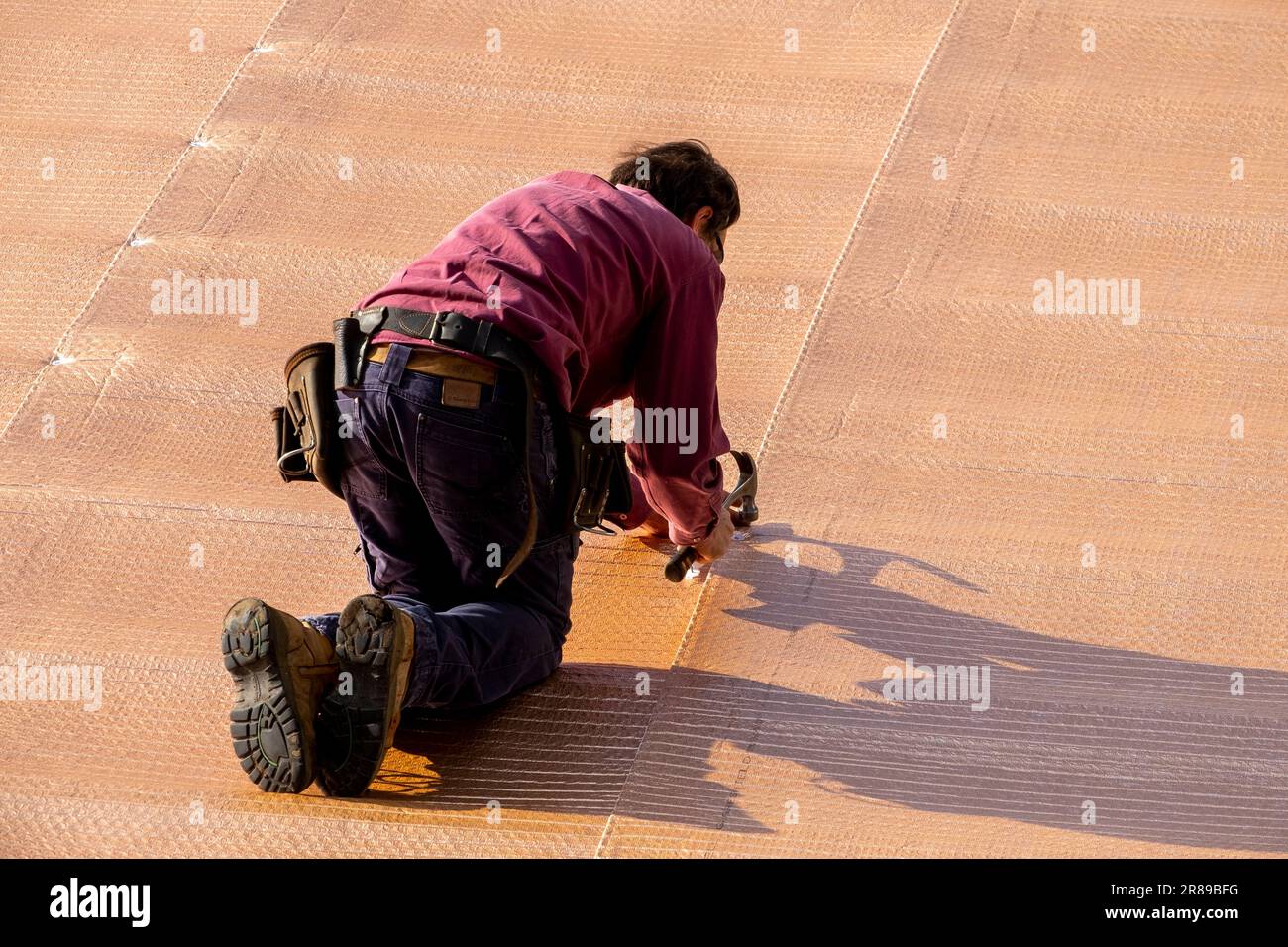 Tradesman stapling down insulation on roof before corrugated iron