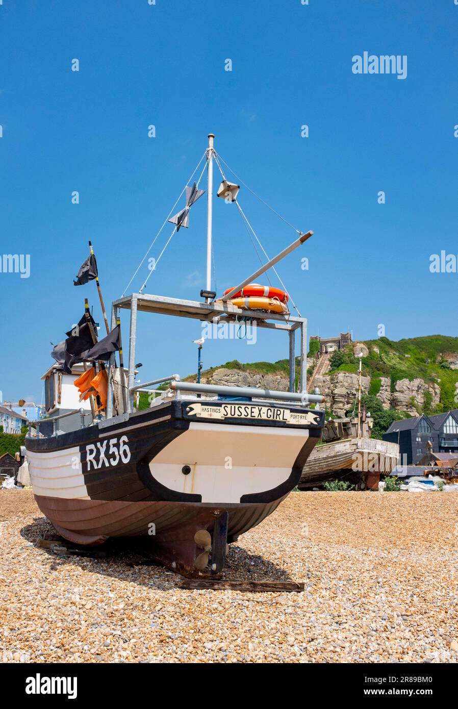 Hastings East Sussex , England UK -  Hastings Old Town Stade fishing boats . Hastings has one of Britain's oldest fishing fleets and boats have worked from the shingle beach known as the Stade (an old Saxon word for 'landing place') for over 1,000 years. Stock Photo