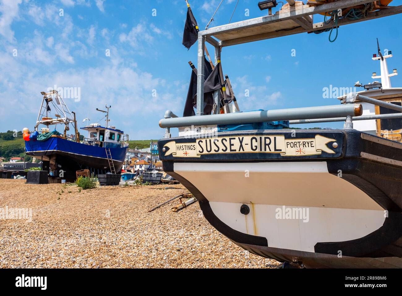 Hastings East Sussex , England UK -  Hastings Old Town Stade fishing boats . Hastings has one of Britain's oldest fishing fleets and boats have worked from the shingle beach known as the Stade (an old Saxon word for 'landing place') for over 1,000 years. Stock Photo