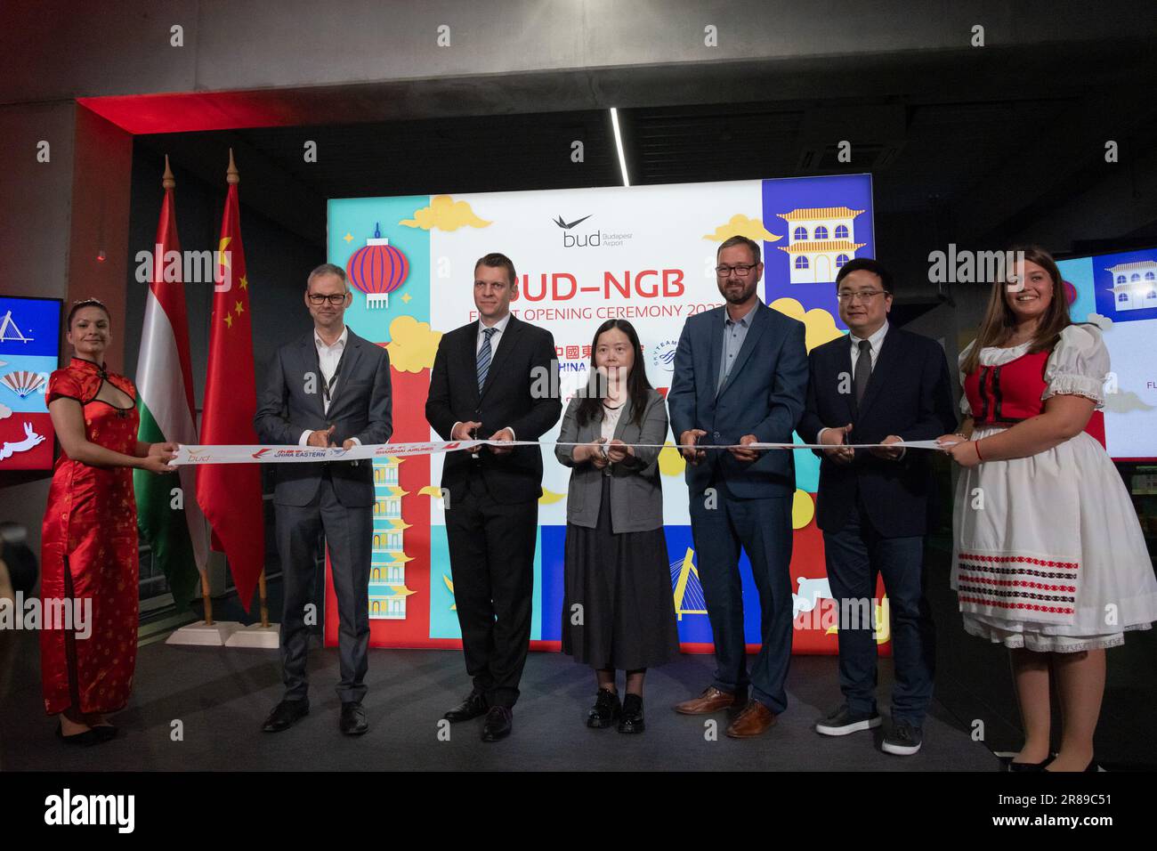 Budapest, Hungary.  June 19, 2023.  Delegates cut the ribbon at the opening ceremony for the first China Eastern Airlines flight between Ningbo and Budapest at Liszt Ferenc International Airport in Budapest, Hungary, on June 19, 2023. Credit: Xinhua/Alamy Live News Stock Photo