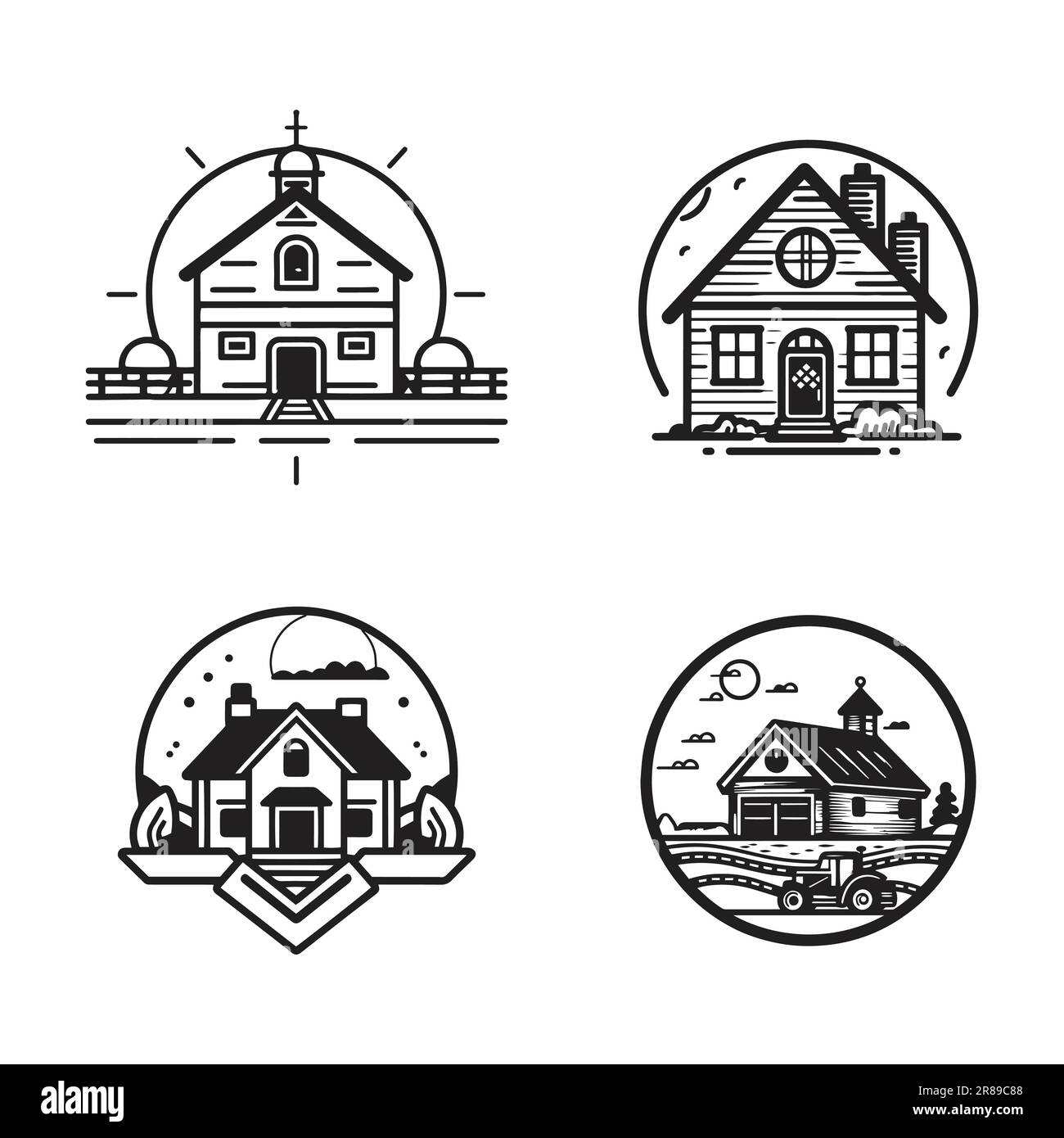 Hand Drawn vintage farm house logo in flat line art style isolated on ...