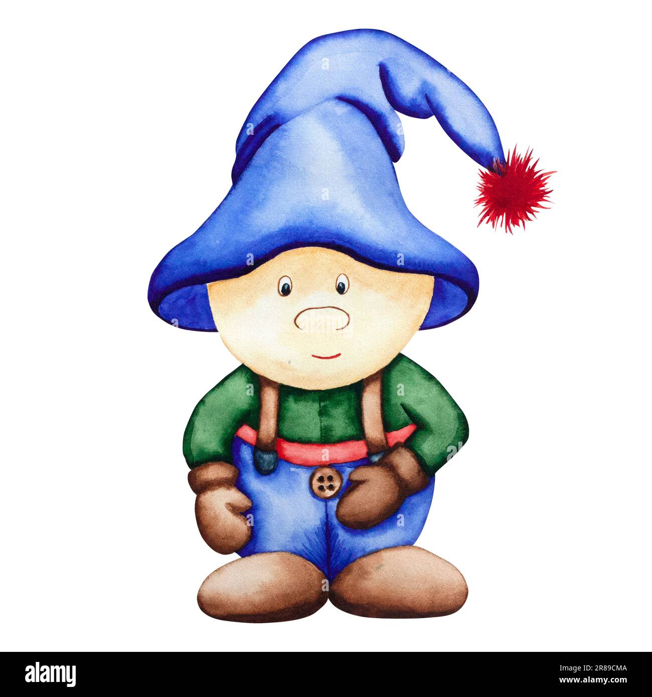 Watercolor gnome. Hand drawn watercolor drawing of a boy - a gnome in a ...