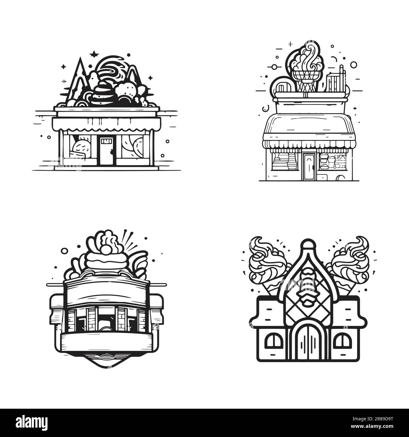 Hand Drawn vintage ice cream shop logo in flat line art style isolated