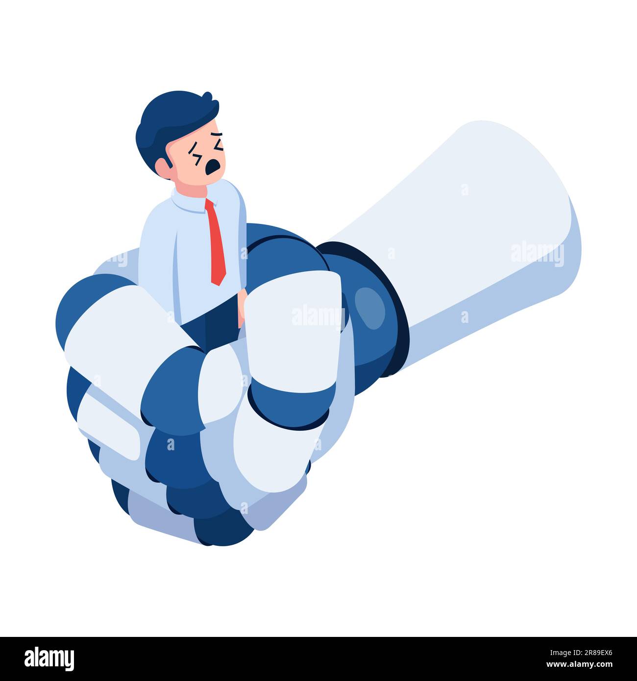 Flat 3d Isometric Businessman Being Squeezed by Ai Robot Hand. Human Being Replaced by AI Robots in The Future Concept. Stock Vector