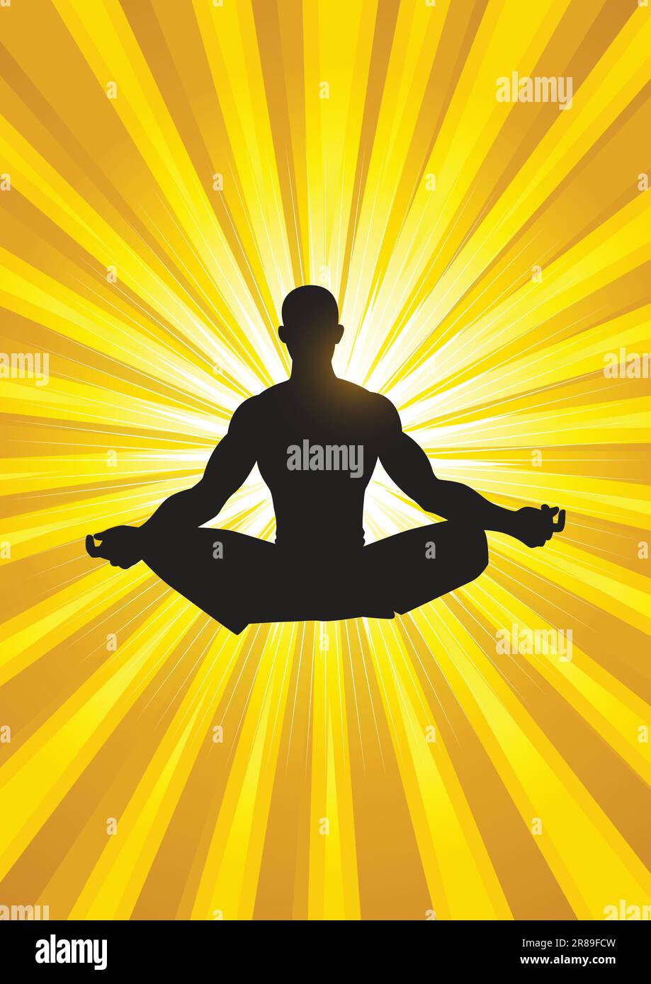 Silhouette illustration of a man figure meditating on light burst background Stock Vector Image
