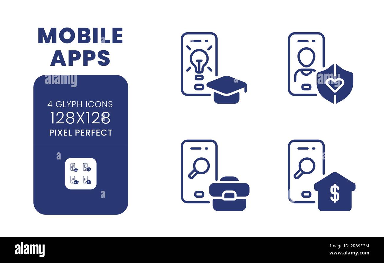 Mobile apps black solid desktop icons pack Stock Vector