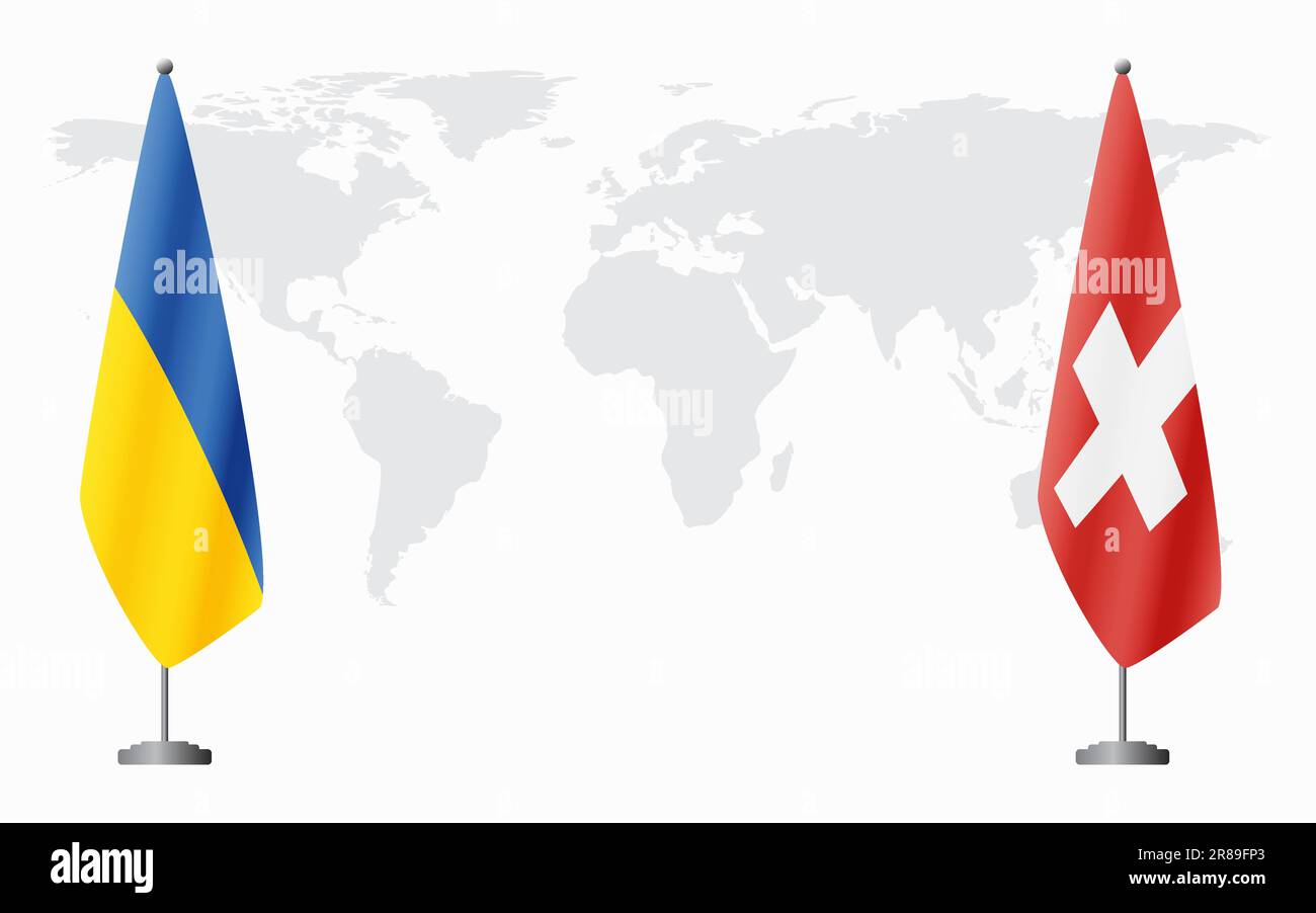 Ukraine and Switzerland flags for official meeting against background of world map. Stock Vector