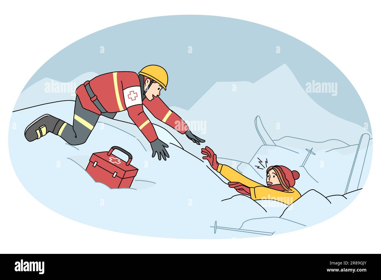 Lifesaver helping skier buried in avalanche after severe snowstorm. Rescuer find people in snow at ski resort. Lifesaving and rescuing operation. Flat vector illustration. Stock Vector