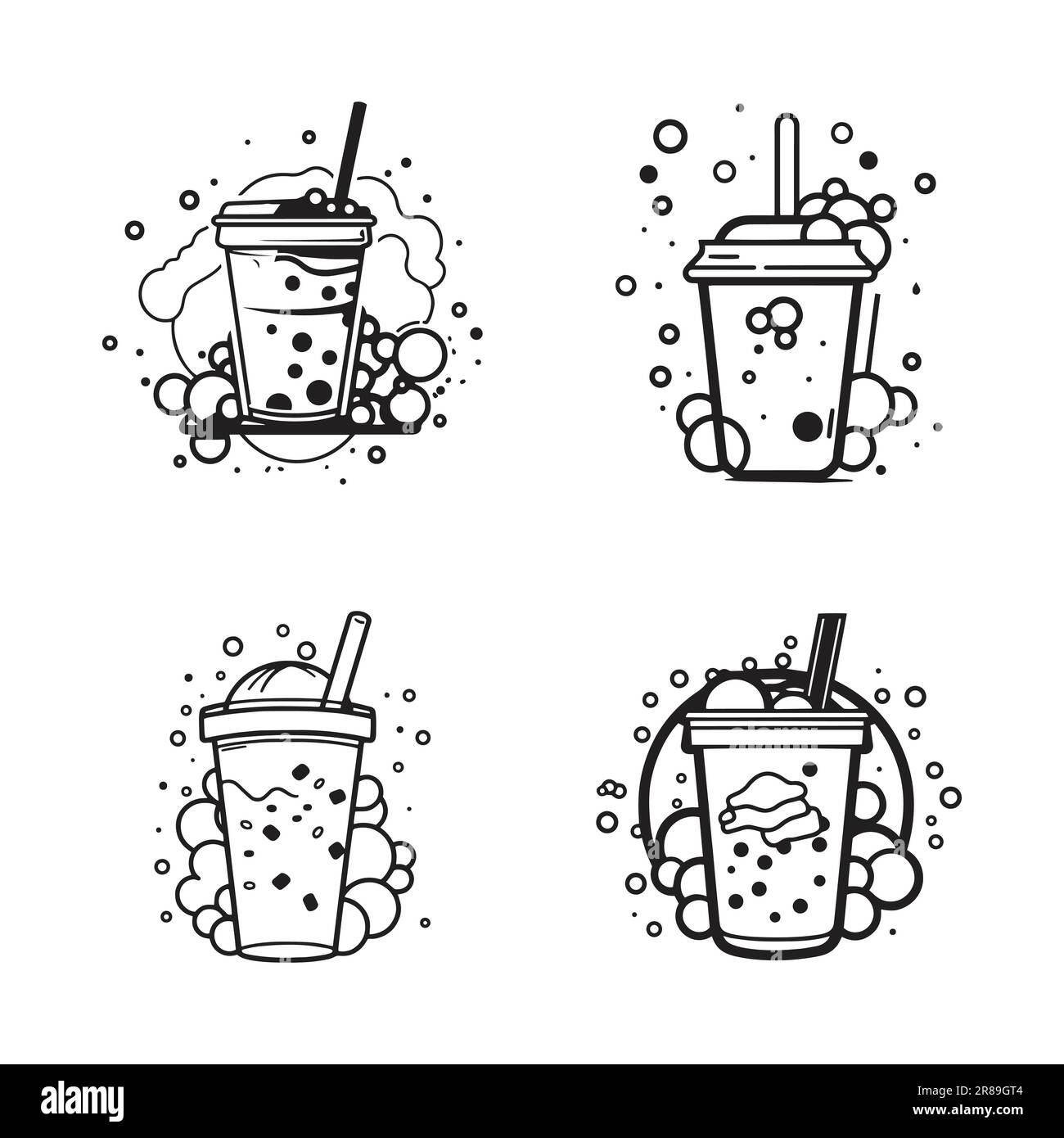 Hand Drawn vintage bubble milk tea logo in flat line art style isolated