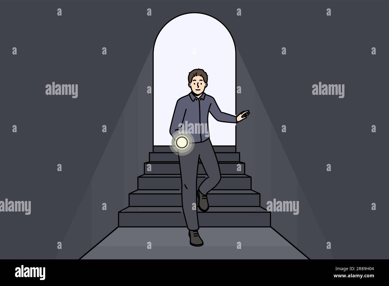 Scared man with flashlight walking in dark tunnel. Frustrated male with