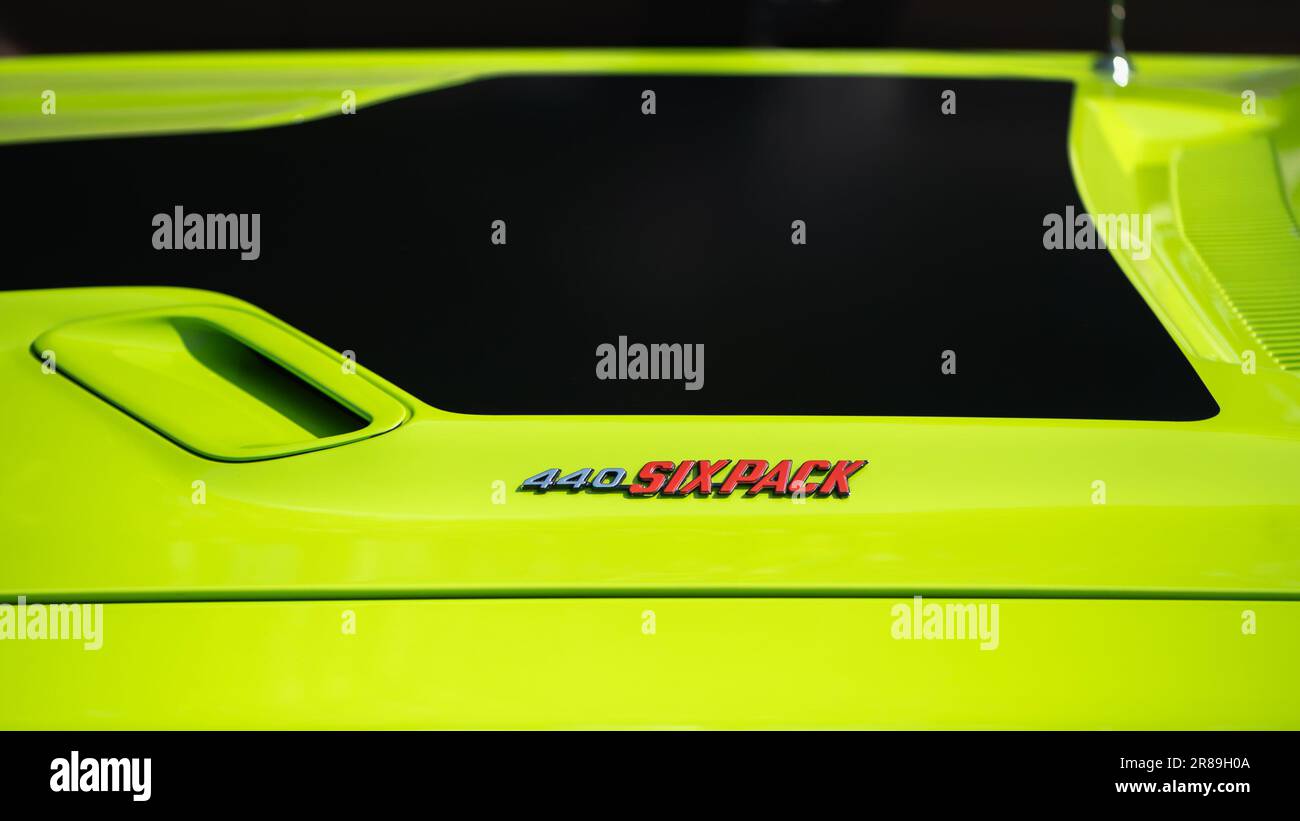 DEARBORN, MI/USA - JUNE 17, 2023: Close-up of a 1970 Dodge Challenger R