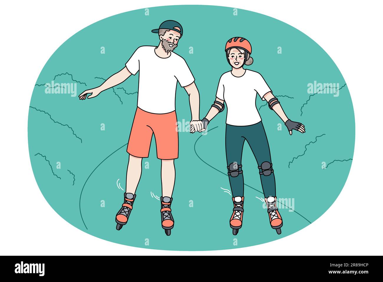 Happy mature couple have fun on roller blades on weekend in park. Overjoyed active energetic elderly man and woman ride rollers enjoy happy maturity together. Vector illustration. Stock Vector