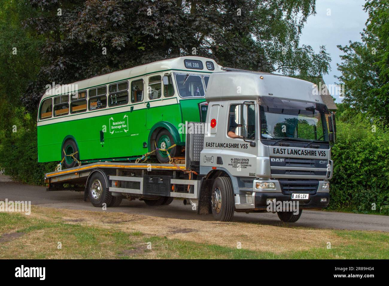 Albion 1954 green cream Reminisce Beverage bus, Vintage coach for hire  travelling on DAF XF trailer; a range of rare, exciting and unusual vehicle enthusiasts & attendees at Worden Park Motor Village showcase, Leyland Festival, UK Stock Photo