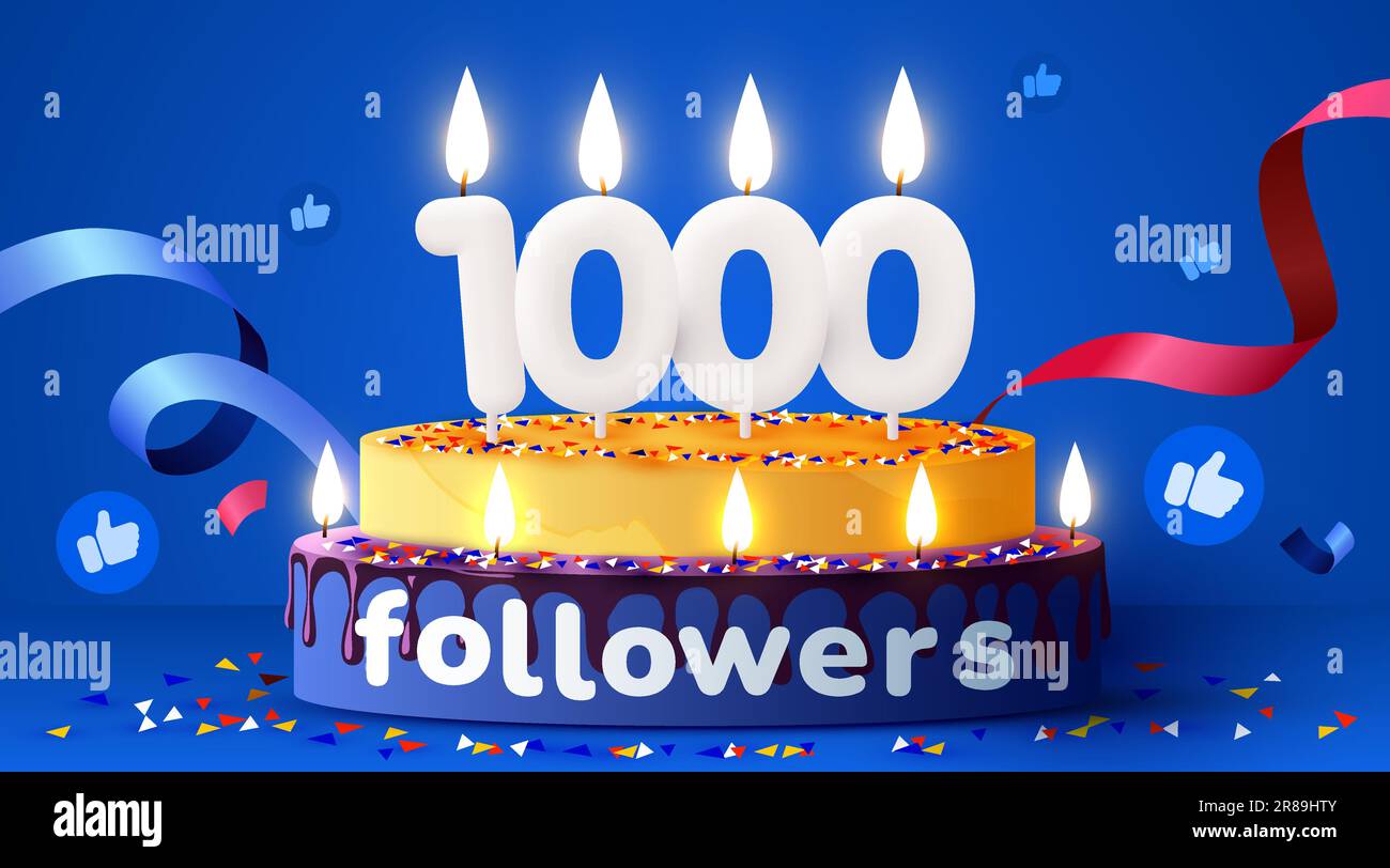 1k or 1000 followers thank you. Social Network friends, followers, subscribers and likes. Birthday cake with candles. Vector illustration Stock Vector