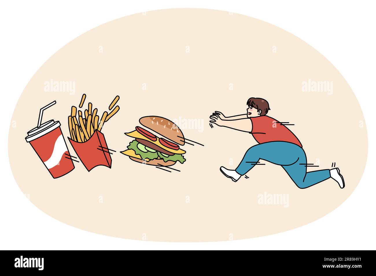 Fat guy running after fast food suffer from obesity and bad habits