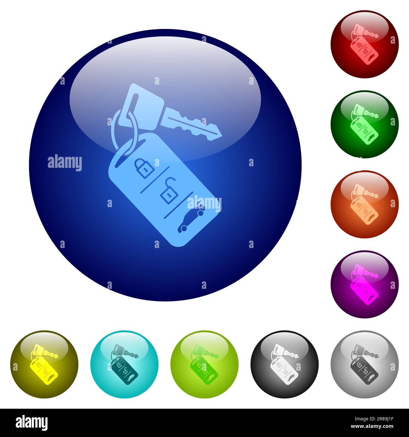 Car key with remote control icons on round glass buttons in multiple ...