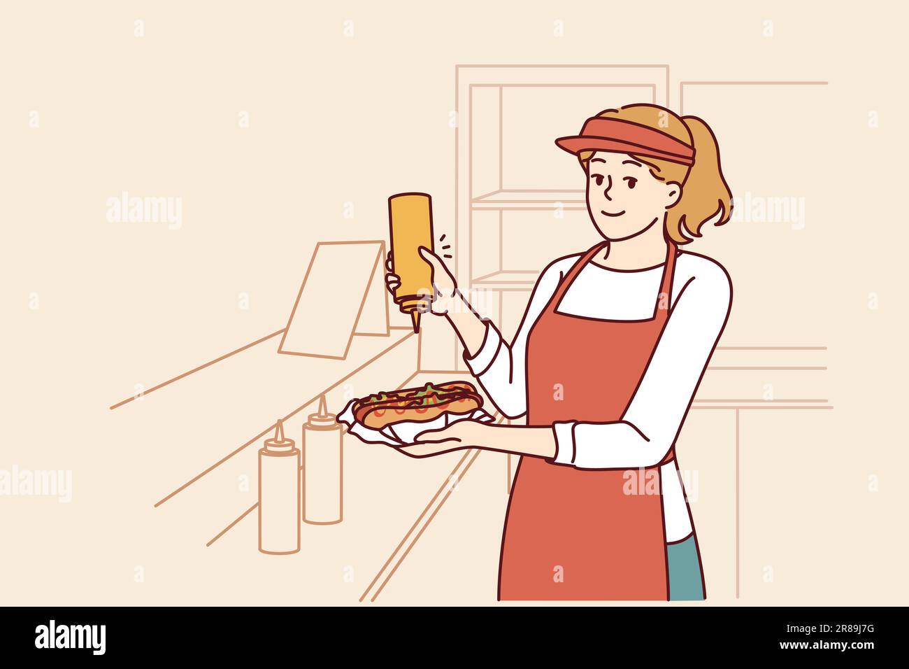 Woman prepares hot dog working as seller in street food cafe or restaurant on wheels with delicious sandwiches on menu. Girl who works in fast food industry adds mustard to hot dog ordered by client. Stock Vector