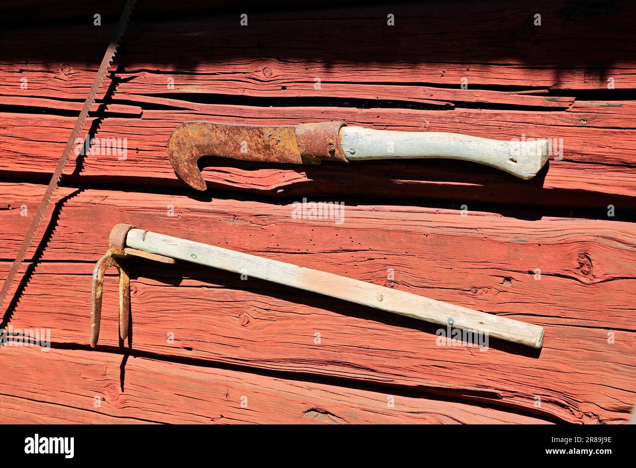 Two old agricultural hoe tools hanging on the exterior of traditional log wall painted with red ochre paint. Kreivinmaki Open-Air Museum, Salo, FI. Stock Photo