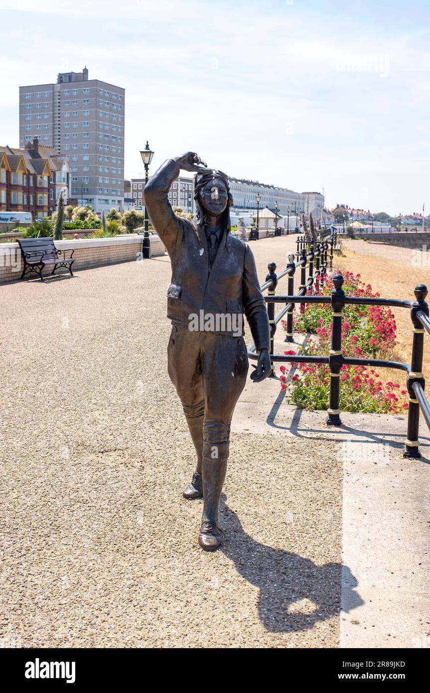 Herne Bay North Kent, England UK -  A bronze statue to honour English aviator Amy Johnson  Ms Johnson was the first woman to fly solo from England to Australia in 1930. She died when her plane crashed into the Thames Estuary near Herne Bay in January 1941. Stock Photo