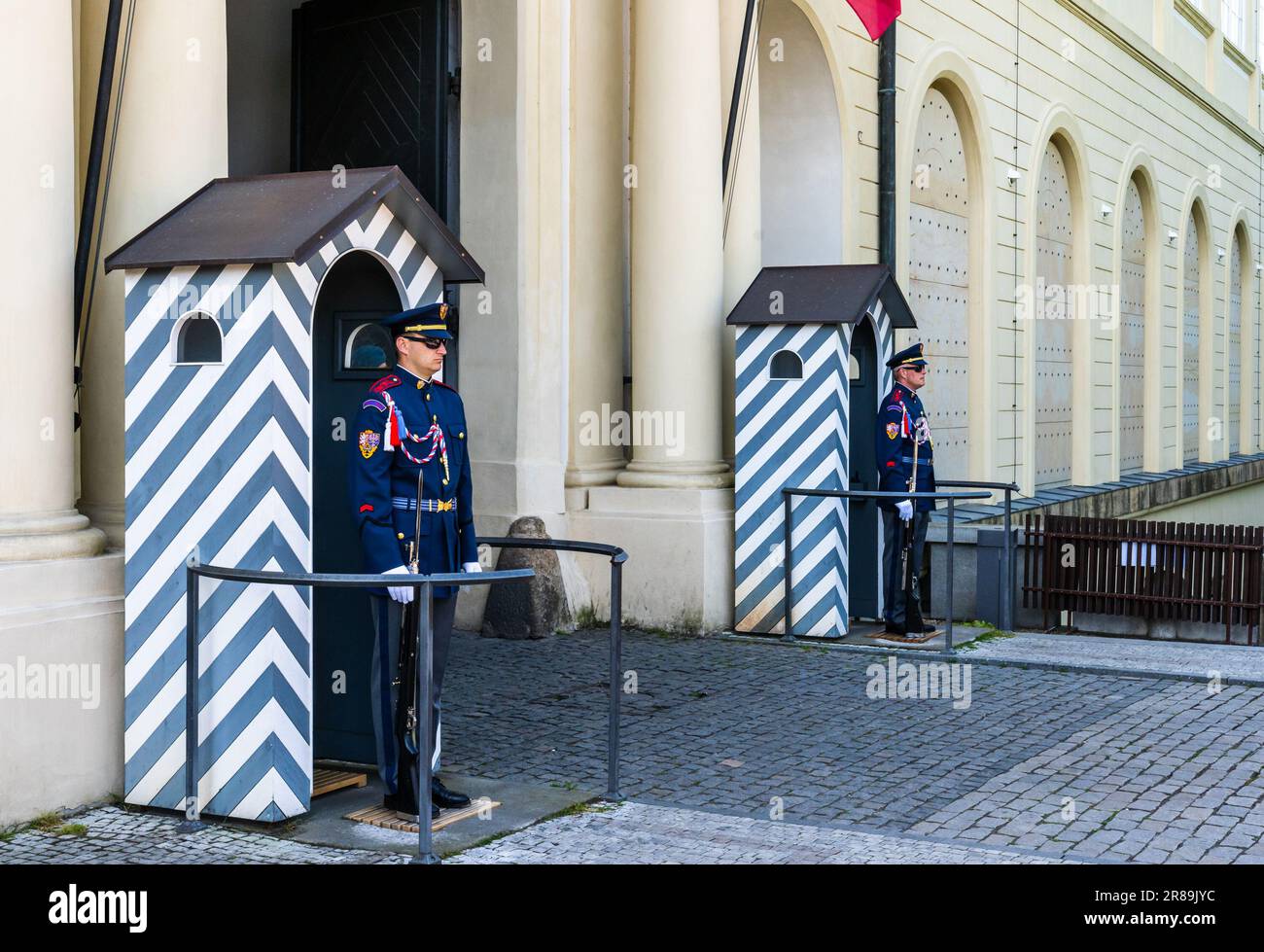 Prague, Bohemia - CZ - June 3, 2023 Landscape view of two members of the Prague Castle Guard, who guard and defend the seat of the President of the Cz Stock Photo