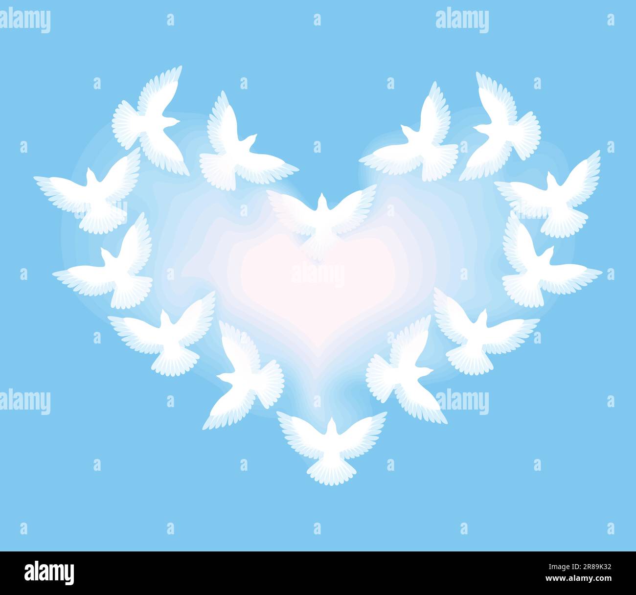 Several white doves around a heart shaped cloud vector illustration