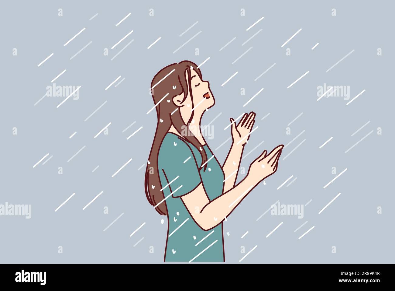 Woman enjoys rain standing under drops falling from sky in wet t-shirt and raising head up. Happy young girl rejoices in autumn rain after long summer drought caused by hot climate Stock Vector