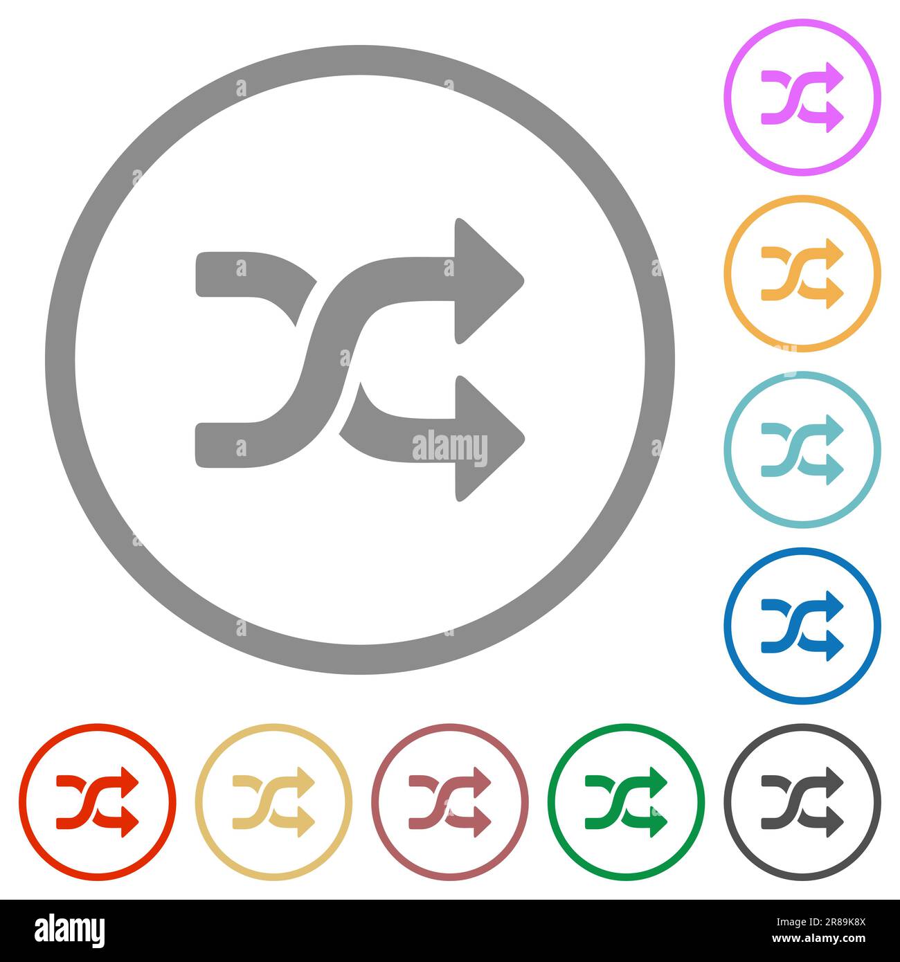 shuffle solid flat color icons in round outlines on white background Stock Vector