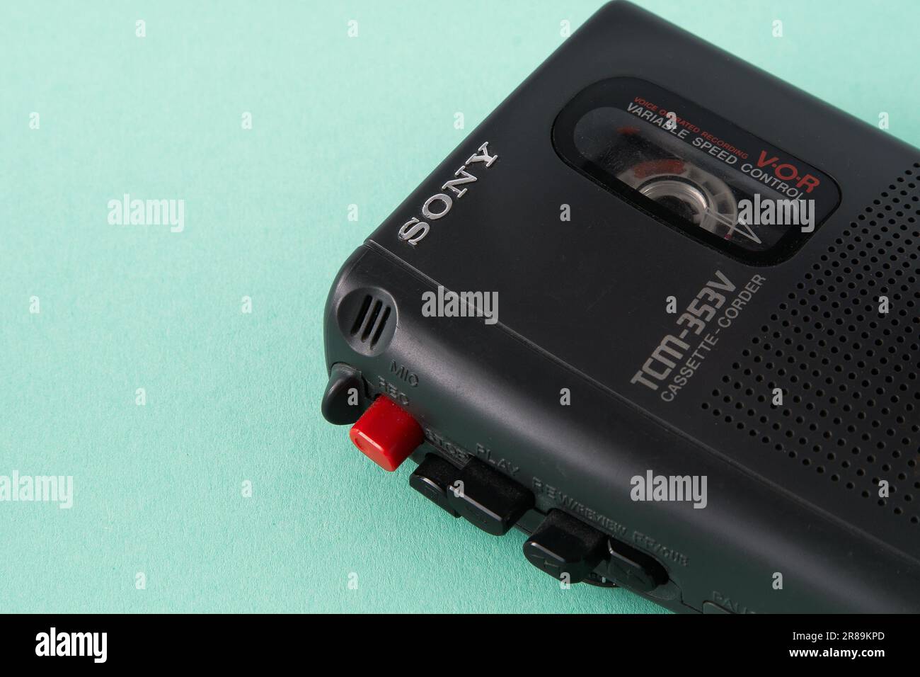 Sony's old cassette recorder. Retro dictaphone player. Sony vintage player. Kyiv, Ukraine - June 20, 2023. Stock Photo