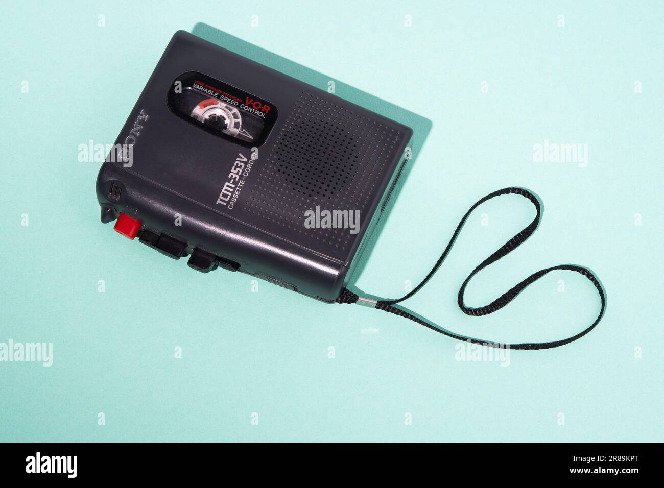 Sony's old cassette recorder. Retro dictaphone player. Sony vintage player. Kyiv, Ukraine - June 20, 2023. Stock Photo
