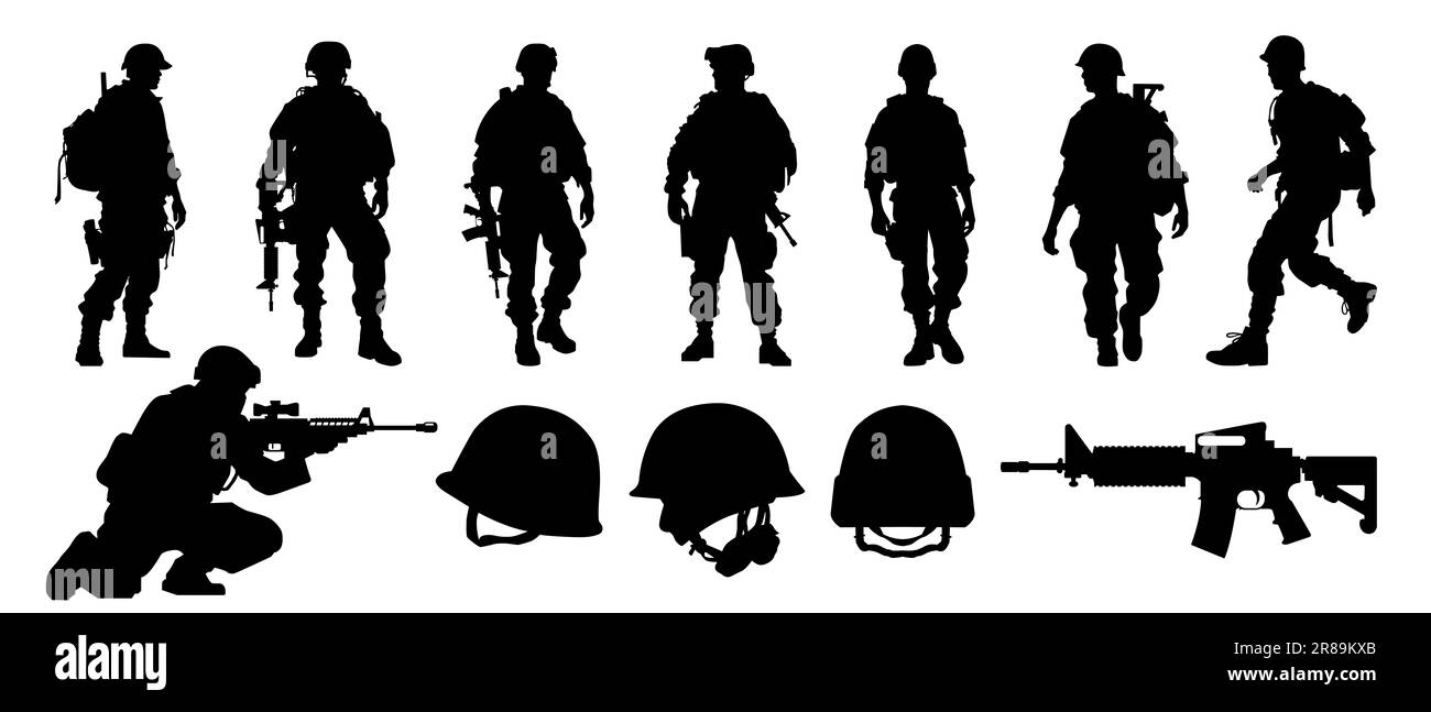 Military special forces with tactical gear and weapon silhouette set . Modern infantry with assault rifles on a white background. Army soldiers standi Stock Photo