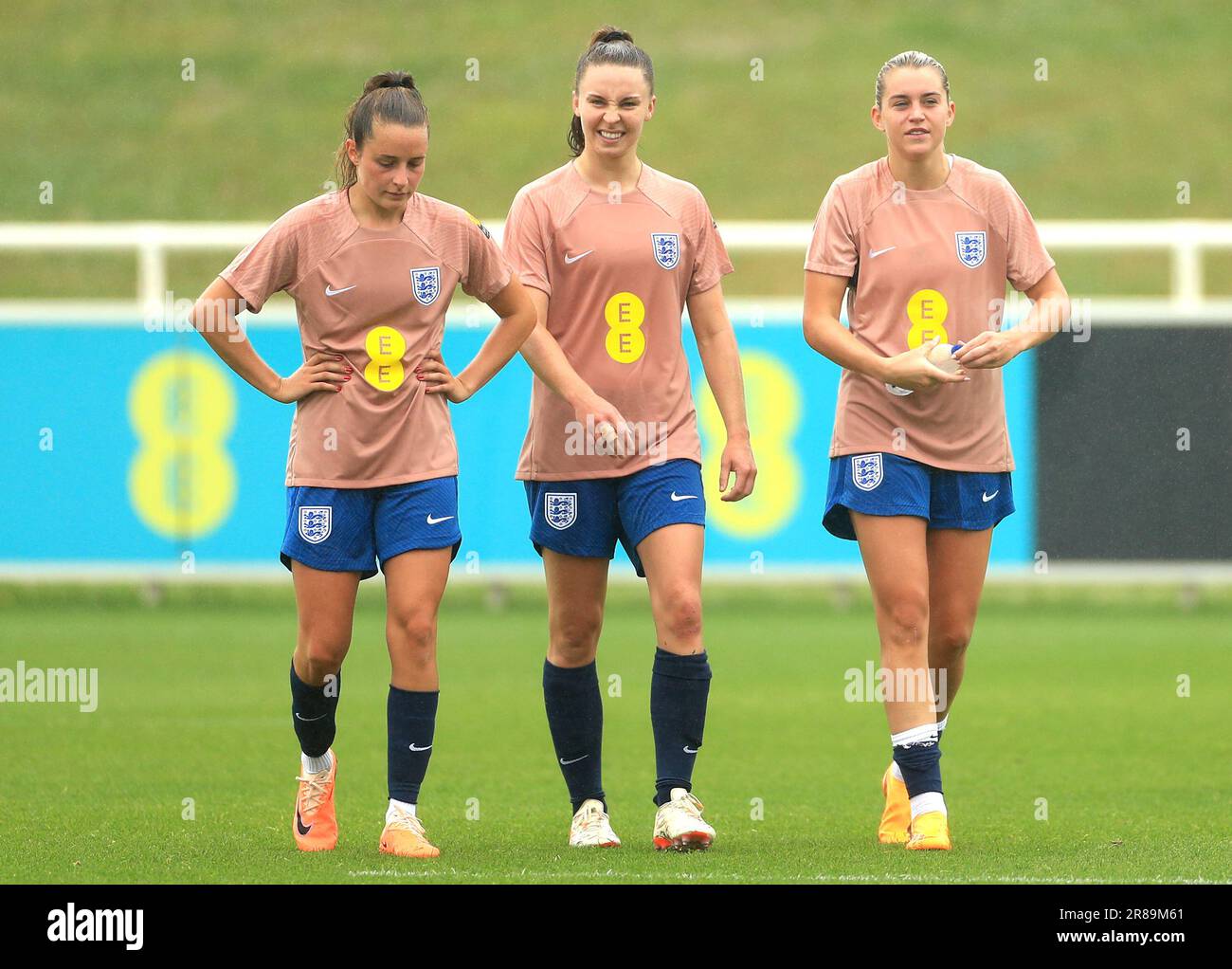 England's Ella Toone (centre) and Alessia Russo (right) during a training session at St. George's Park, Burton-on-Trent. Picture date: Tuesday June 20, 2023. Stock Photo