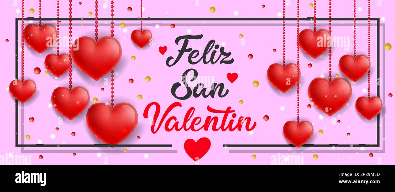 Feliz San Valentin Banner with Hanging Hearts Stock Vector Image & Art