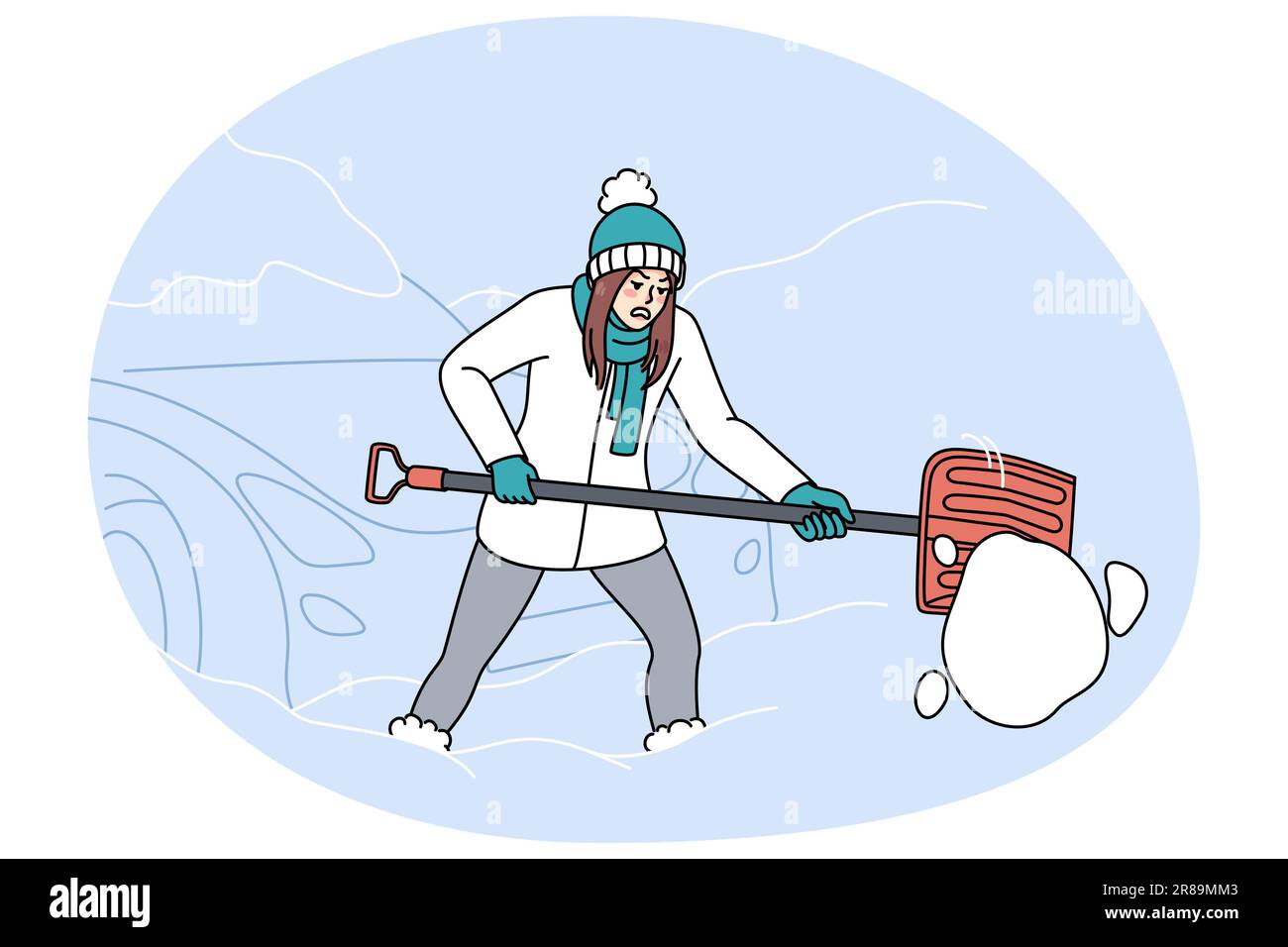 Unhappy tired woman with shovel dig out car from snow on winter morning.  Mad female clean automobile covered with snow after blizzard. Stormy  weather condition. Vector illustration Stock Vector Image \u0026 Art -, image size:1300x956