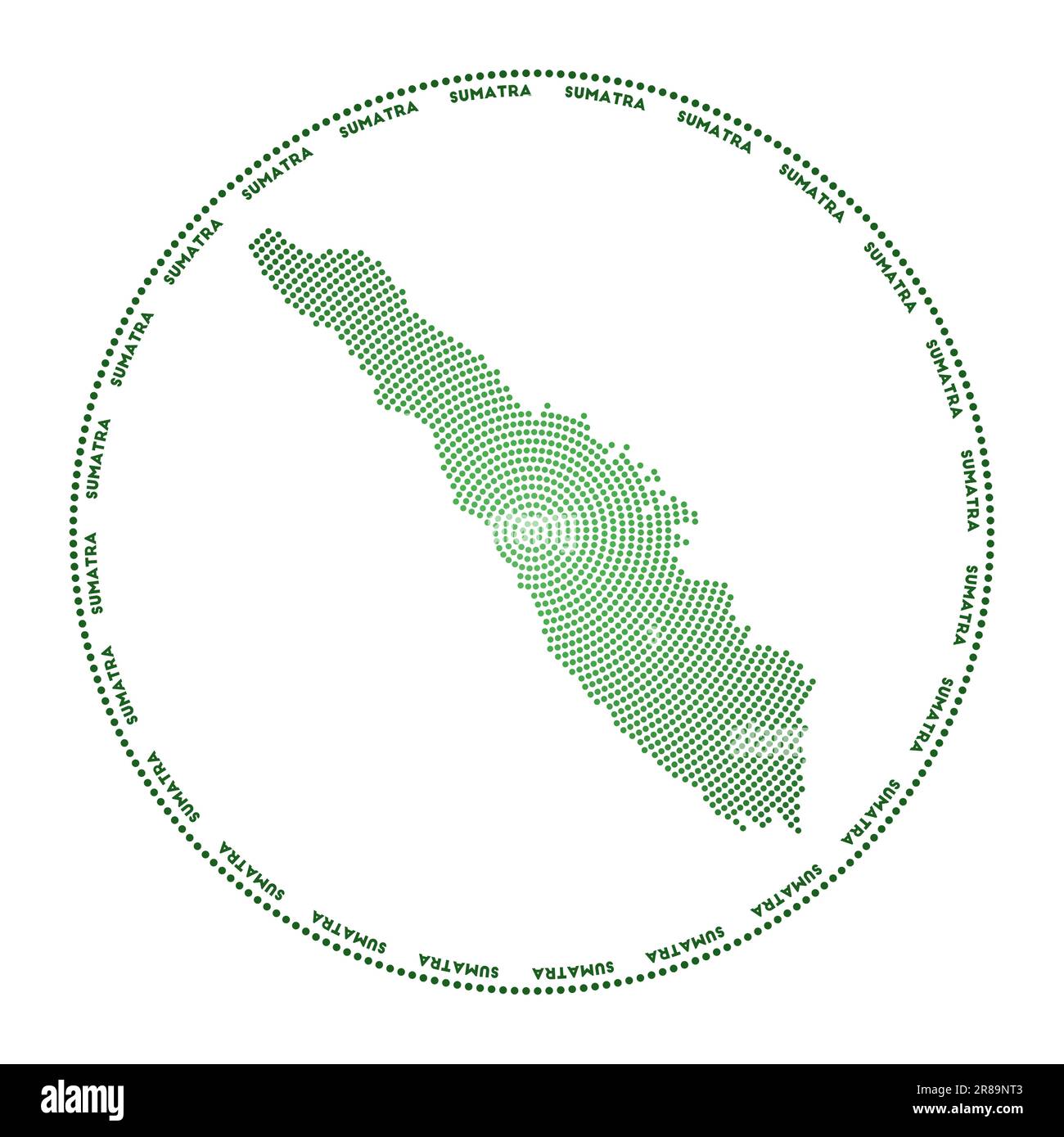 Sumatra round logo. Digital style shape of Sumatra in dotted circle with island name. Tech icon of the island with gradiented dots. Attractive vector Stock Vector