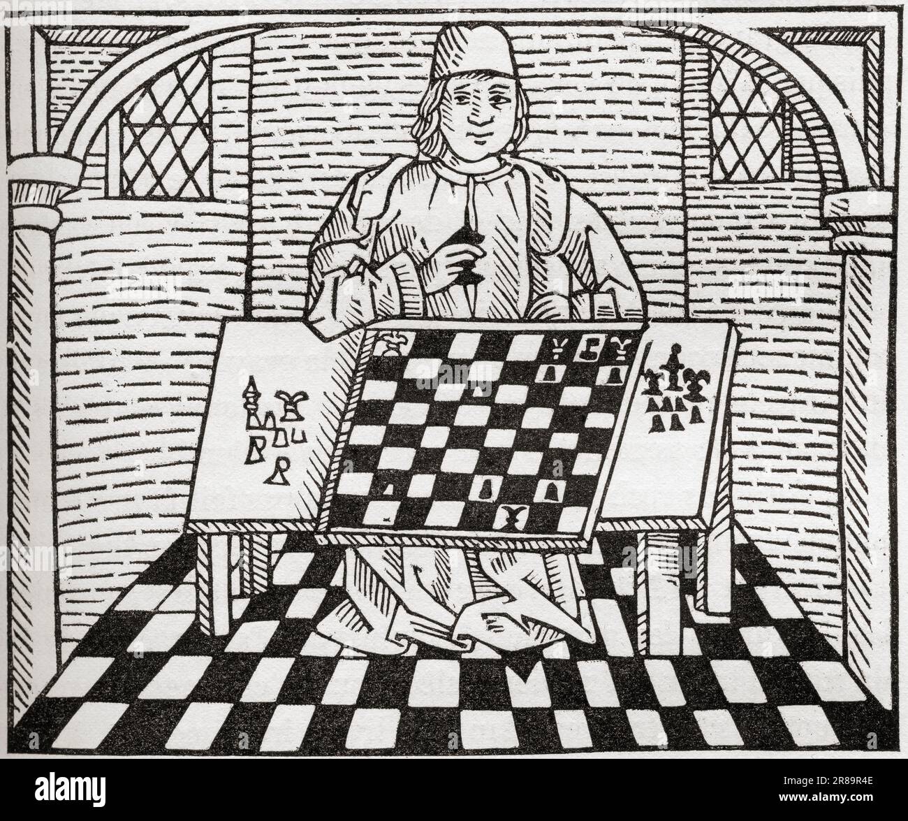 The Games and Playes of the Chesse, after an engraving by William Caxton, published 1474.  From Histoire de La Gravure, published 1880 Stock Photo
