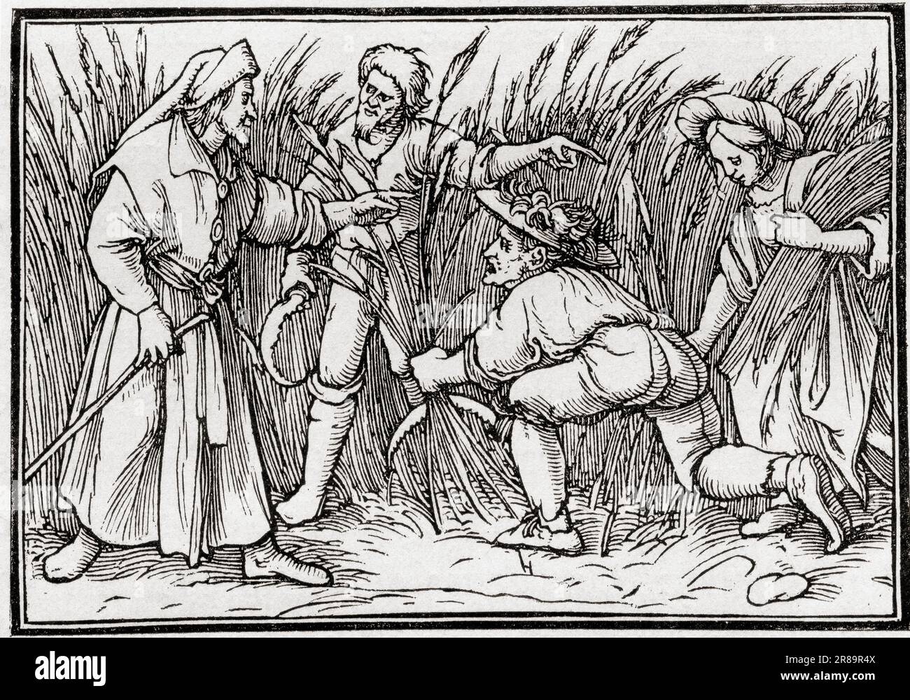 Boaz and Ruth in the barley field, after a woodcut by Hans Holbein.  From Histoire de La Gravure, published 1880 Stock Photo