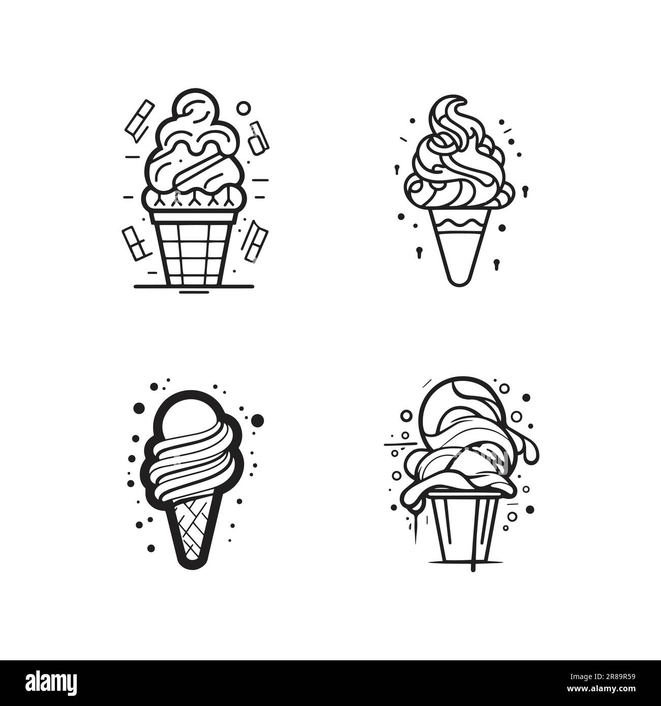 Hand Drawn vintage ice cream shop logo in flat line art style isolated