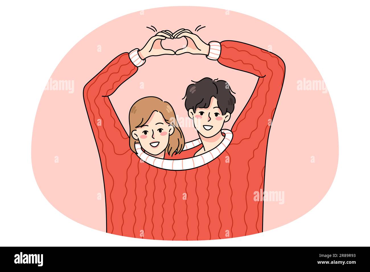 Cute happy couple lovers wearing one sweater make heart hand gesture. Smiling man and woman hug demonstrate love sign. Romance and relationship concept. Vector illustration. Stock Vector
