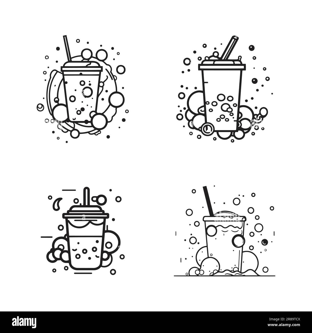 Hand Drawn vintage bubble milk tea logo in flat line art style isolated