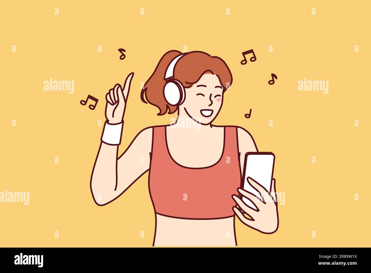 Woman fitness trainer in headphones listens to music using mobile phone to manage playlist. Girl in sportswear for fitness enjoys motivating composition for energetic workout or run Stock Vector