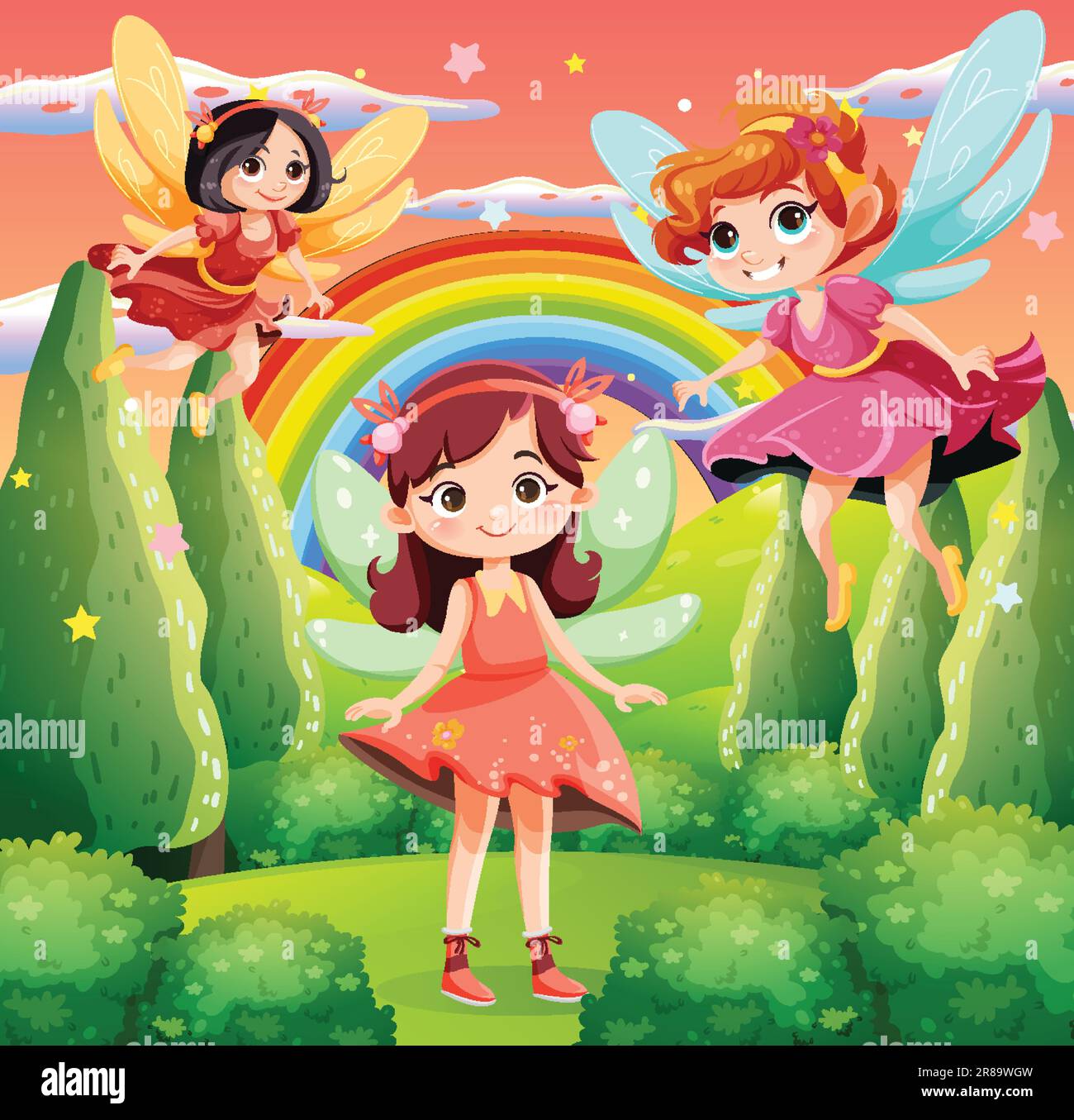 Fairy princess cartoon at magic land background illustration Stock Vector