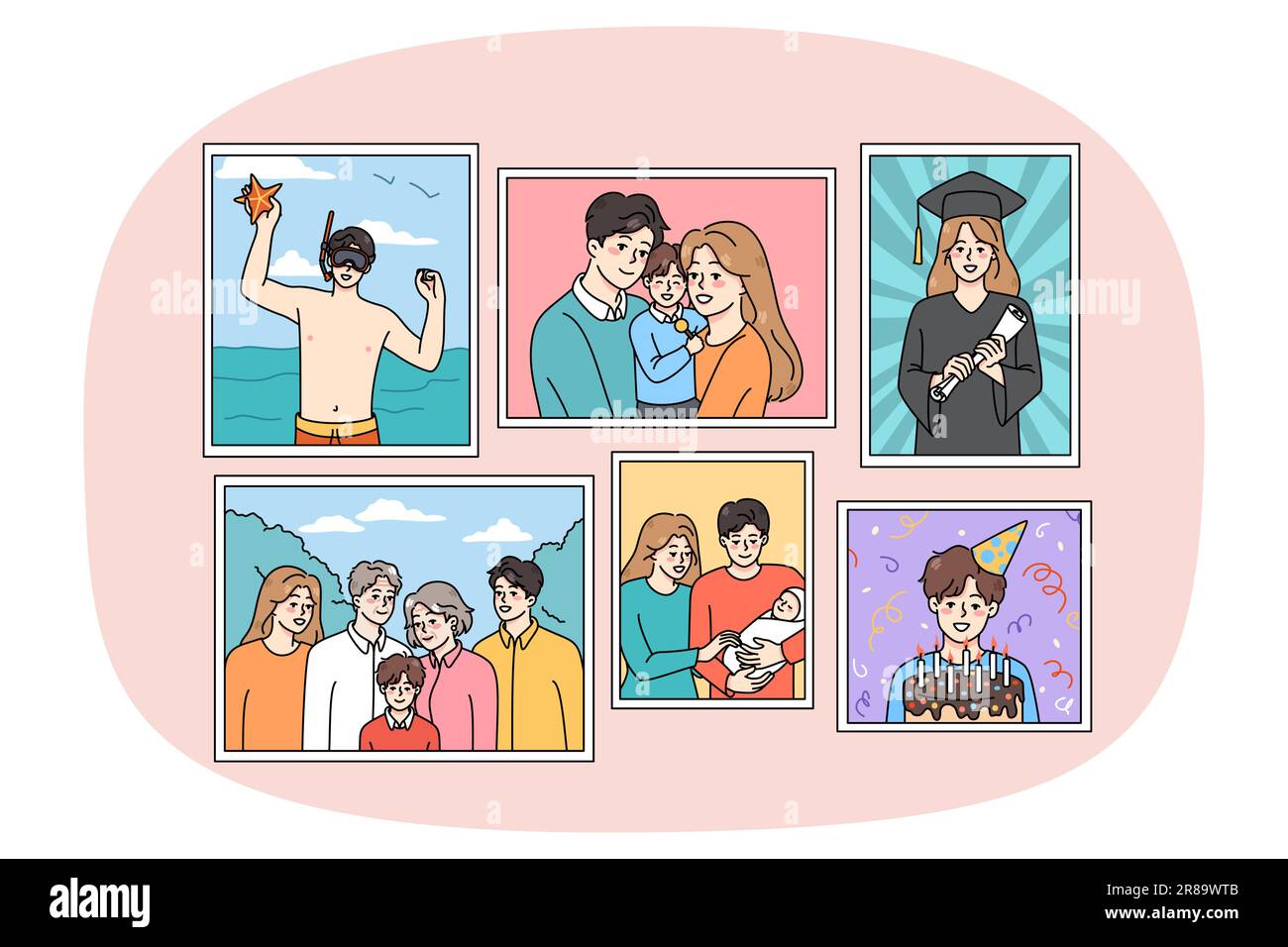 Set of family pictures in frames hanging on wall. Collection of